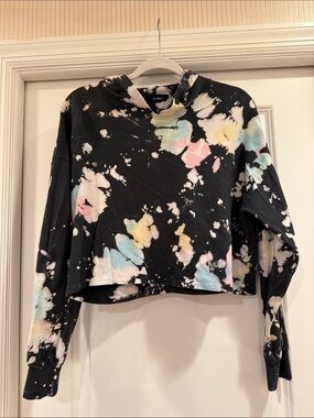 Hazel Boutique Black Cropped lightweight Hoodie with Pastel Tie-Dye Accents